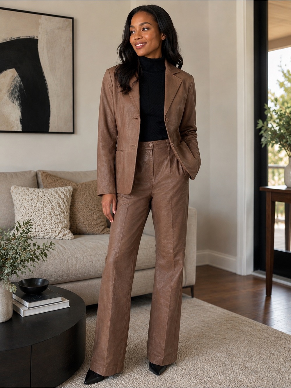 Chadwick’s 100% Leather Pantsuit Women’s Size 10 Lt Brown Blazer & Strait Leg Pa